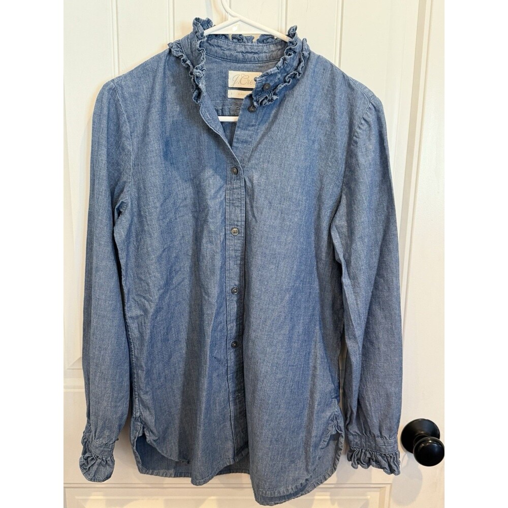 J Crew Classic Womens Medium Chambray Shirt Ruffle Collar Cuffs 100% Cotton 2